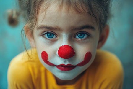 Joyful performer: cute children clown, young audiences with cheerful acts, balloon animals, playful tricks, happiness and excitement at parties and celebrations.の素材