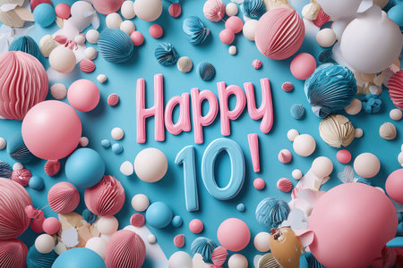 Decade celebration: text happy 10 years, a significant milestone with joyous festivities, decade of memories, achievements, and growth, and future successes.の素材