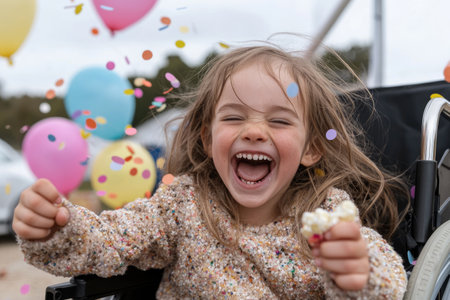 Joyful celebration: child in wheelchair celebrate birthday, a day of happiness and inclusion, love and festivities, every moment is filled with laughter and cherished memories.の素材