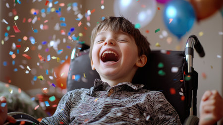 Joyful celebration: child in wheelchair celebrate birthday, a day of happiness and inclusion, love and festivities, every moment is filled with laughter and cherished memories.の素材