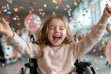 Joyful celebration: child in wheelchair celebrate birthday, a day of happiness and inclusion, love and festivities, every moment is filled with laughter and cherished memories.の素材