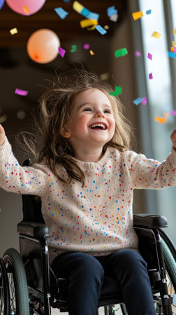 Joyful celebration: child in wheelchair celebrate birthday, a day of happiness and inclusion, love and festivities, every moment is filled with laughter and cherished memories.の素材