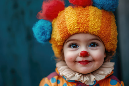 Joyful performer: cute children clown, young audiences with cheerful acts, balloon animals, playful tricks, happiness and excitement at parties and celebrations.の素材