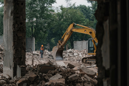 Earth mover: excavator at work, strength and engineering of construction equipment it carves out terrain, pivotal in site preparation and infrastructure development.の素材