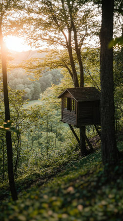 Canopy retreat: tree house, an elevated haven nestled among branches, nature and adventure blend in a cozy, rustic escape, a unique perspective and a peaceful connection to outdoors.の素材