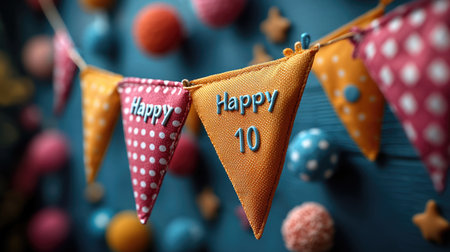 Decade celebration: text happy 10 years, a significant milestone with joyous festivities, decade of memories, achievements, and growth, and future successes.の素材