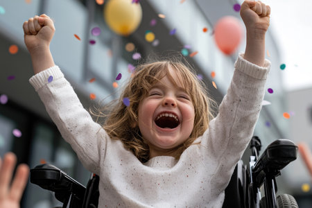Joyful celebration: child in wheelchair celebrate birthday, a day of happiness and inclusion, love and festivities, every moment is filled with laughter and cherished memories.の素材