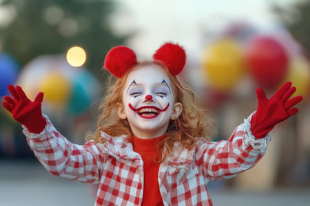 Joyful performer: cute children clown, young audiences with cheerful acts, balloon animals, playful tricks, happiness and excitement at parties and celebrations.の素材