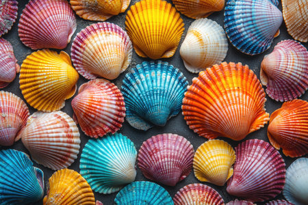 Coastal gems: seashells, delicate remnants of marine life, scattered along beaches as souvenirs of the oceans depth and mystery, beauty capturing the essence of the seaside.の素材