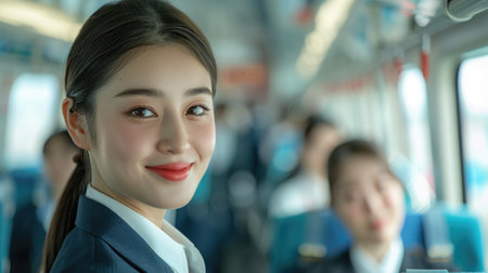 Airline hostess: stewardess, delivering top notch service, passenger needs, and maintaining a calm and efficient cabin environment, essence of aviation customer care.の素材