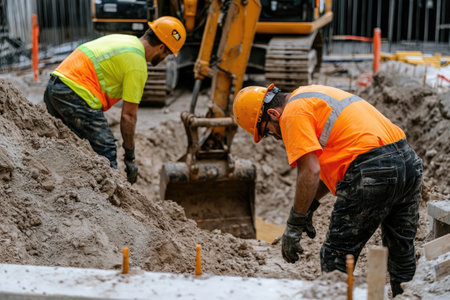 Earth mover: excavator at work, strength and engineering of construction equipment it carves out terrain, pivotal in site preparation and infrastructure development.の素材