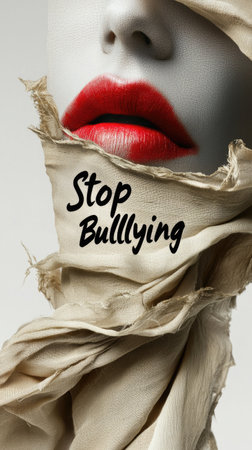 Anti bullying action: text stop bullying, call to end harmful behavior, promote kindness and respect, importance of standing up against intimidation and fostering a safe, supportive environment.の素材
