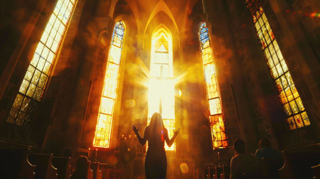 Spiritual reverence: worship, engaging in acts of devotion and adoration, fostering a deep connection with the divine, and participating in rituals, faith, gratitude, and communal unity.の素材