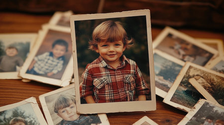 Faded snapshot: glimpse into childhood memories captured through old photographs, nostalgia and passage of time, worn edges and soft hues reflect moments of joy, innocence, cherished connectionsの素材