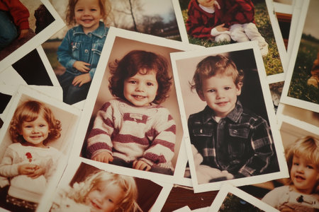 Nostalgic photo: intimate reflection of childhood captured in vintage snapshots, blending faded colors, familiar faces, preserving fleeting moments emotions tied to family, treasured experiencesの素材