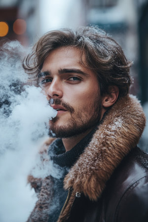 Vapor cloud: smoking vape e-cigarette in a public space, releasing scented mist while raising debates on health, regulations, social norms surrounding modern nicotine alternativesの素材