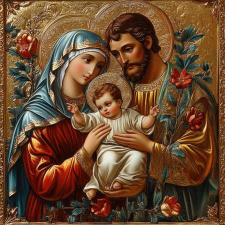 Devotional in essence - icon of the Holy Family with Saint Mary, Joseph, baby Jesus Christ, symbolizing Christmas blessings, Easter joy, fasting observance, spiritual depth, sacred unityの素材