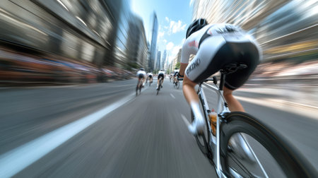 A group of cyclists speeds along a city street, blurring past tall buildings under a clear blue sky. The atmosphere is energetic as they compete in an urban racing event.の写真素材