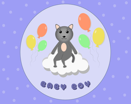 Baby boy, greeting card. Vector cute image for kids. Blue background, funny cat sits on a cloud around colorful balls. The image is suitable for designing  products for children,のイラスト素材