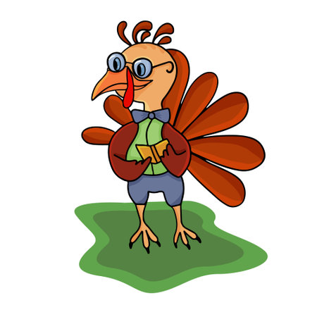 Funny bird turkey. Smart look with a butterfly in glasses and with a book. Illustration for children, bright. multicolored. Suitable for the design of children's products, stickersのイラスト素材