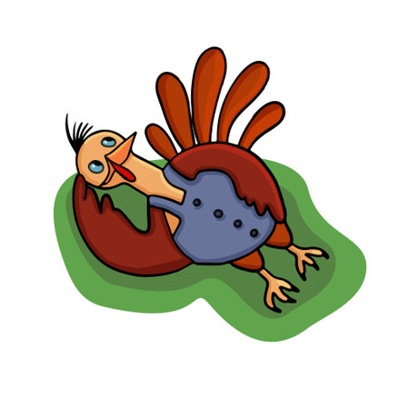 The turkey bird lies on the grass. Illustration for children, bright. multicolored. Suitable for the design of children's products, stickers, web iconsのイラスト素材