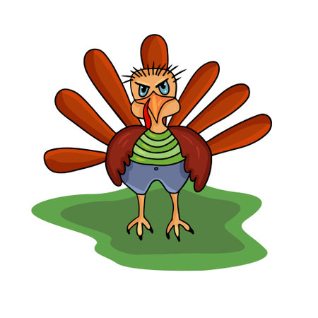 Funny bird turkey with a sly look in a striped t-shirt and pants. Illustration for children, bright. multicolored. Suitable for the design of children's products, stickersのイラスト素材