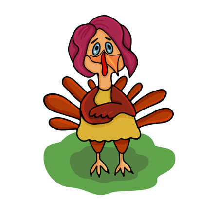 Funny bird turkey woman with purple hair. Illustration for children, bright. multicolored. Suitable for the design of children's products, stickers, web iconsのイラスト素材
