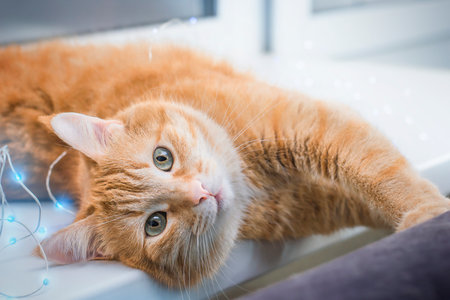 ginger cat on the windowsillの写真素材