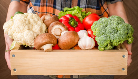a box of vegetables in the hands of a farmerの写真素材