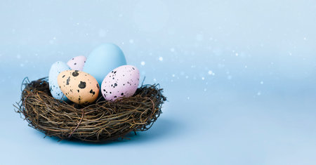 easter eggs in animal nest on light blue background