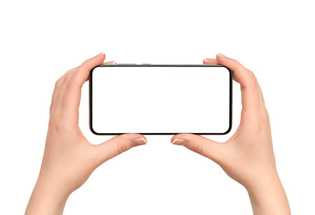 female hands holding smart phone on isolated white background