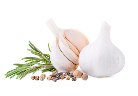 garlic, fresh rosemary and peppercorns on a white isolated background. front viewの写真素材