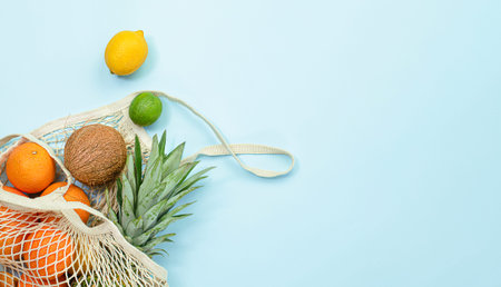 fresh fruits in a mesh bag on a light blue background. summer background