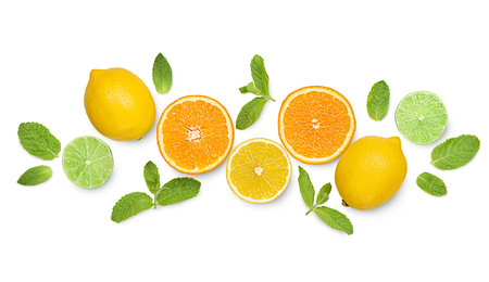 composition of lemon, orange, lime and mint on isolated background
