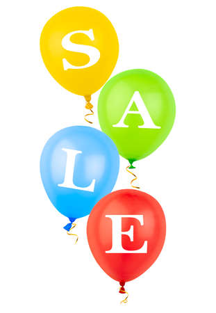 four helium balloons with sale inscription on white isolated backgroundの写真素材