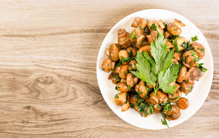 fried champignons and parsley leaves in a plate on a wooden backgroundの写真素材