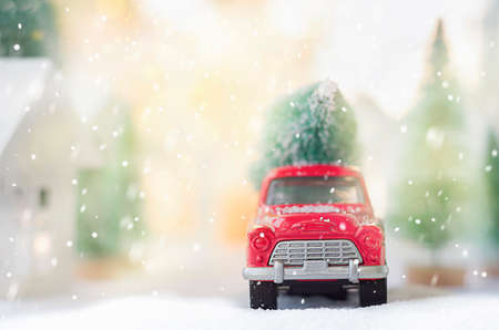 red car with a Christmas tree in the backの写真素材