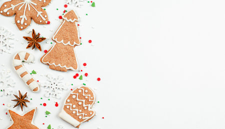 gingerbread cookies, confetti, snowflakes and anise on a light background with copy spaceの写真素材