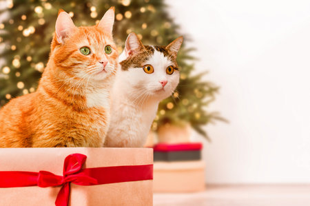 two domestic cats looking attentively to the side against the background of a Christmas tree