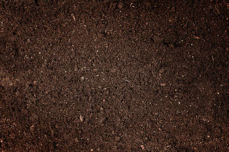 dark brown soil background, top viewの写真素材