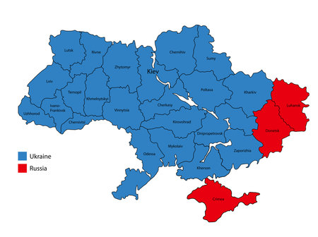 map of Ukraine, and regions of the Donetsk People's Republic, Crimean People's Republic and annexed to Russiaのイラスト素材