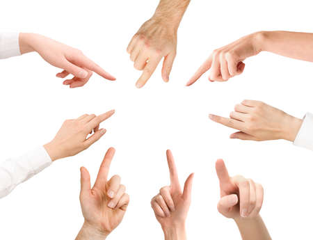 collection of different human hands pointing fingers, isolated on white backgroundの写真素材