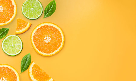 sliced orange and lime slices on yellow background