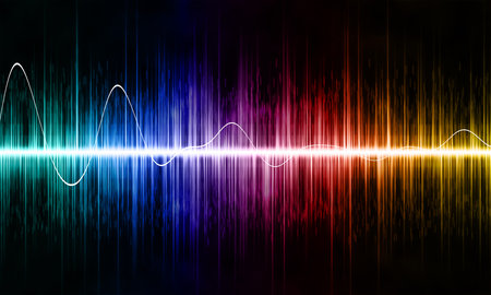 Sound wave equalizer with a gradient of various bright colors on a black background