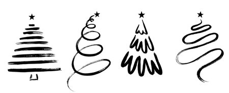 creative silhouette of four different Christmas trees on a white isolated backgroundの写真素材