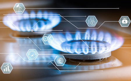 two gas burners and holograms with icons. Extraction and use of natural gas