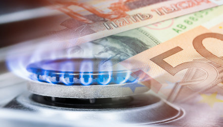 burning gas burner and paper banknotes of rubles, dollars and euros. double exposure, natural gas paymentの写真素材