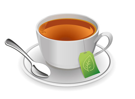 light gray cup with tea and a spoon on a saucer on a white backgroundのイラスト素材
