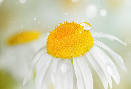 chamomile with dew drops on the petals close-upの写真素材