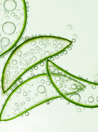 cut slices of aloe vera with air bubbles floating underwaterの写真素材
